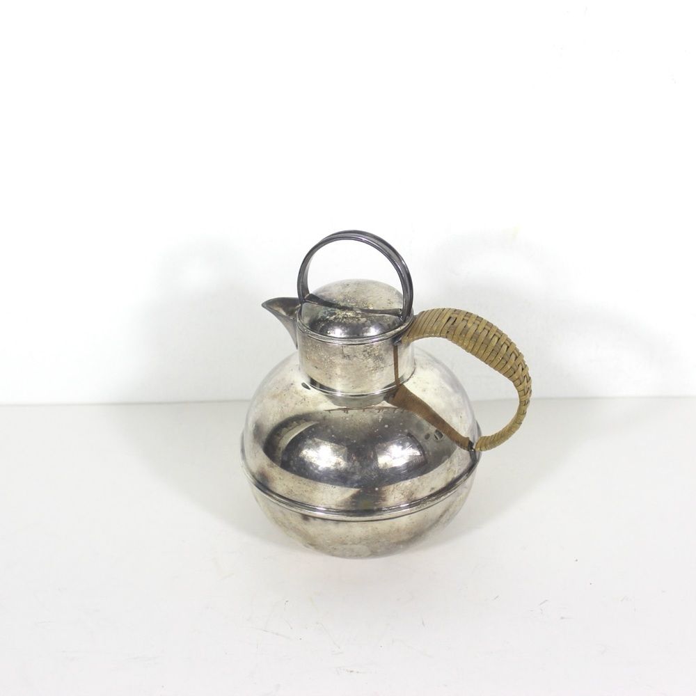 Small Wicker Handle Silver Guernsey Creamer Pitcher Rattan Silver Plate Milk Jug
